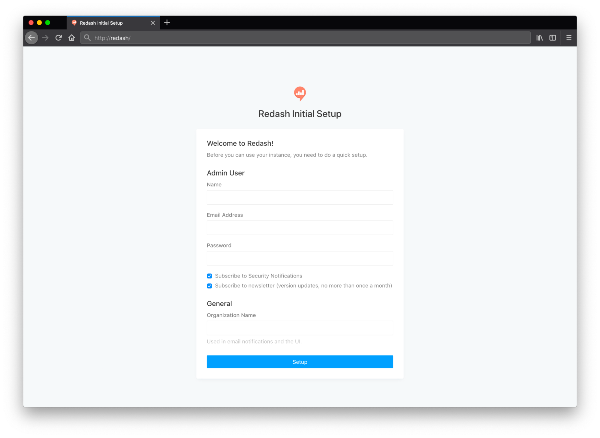 Redash intitial set up screen Redash intitial set up screen