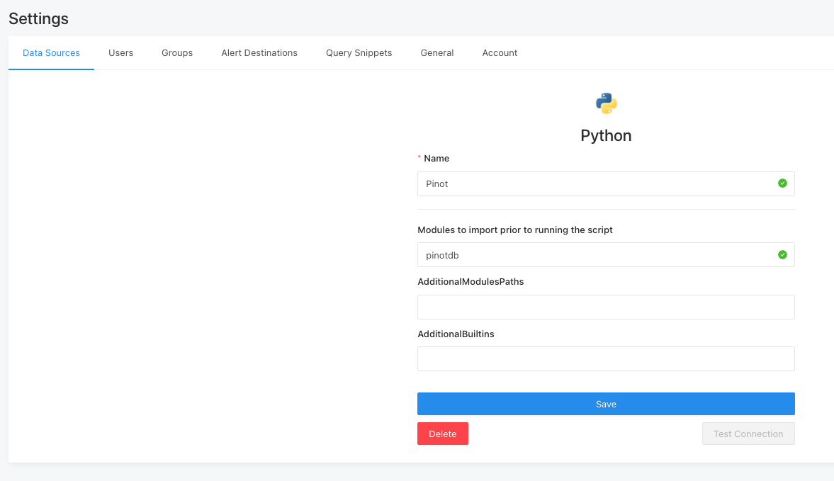 Python data source creation screen Python data source creation screen